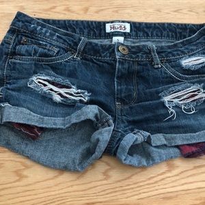Dark wash distressed jean shorts